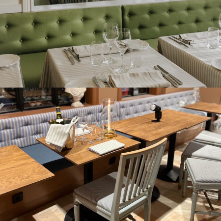 Soffor och 100 stolar omklädda åt Restaurang Ulla Winbladh i tyg från Berghem och Villa Nova. April 2024.